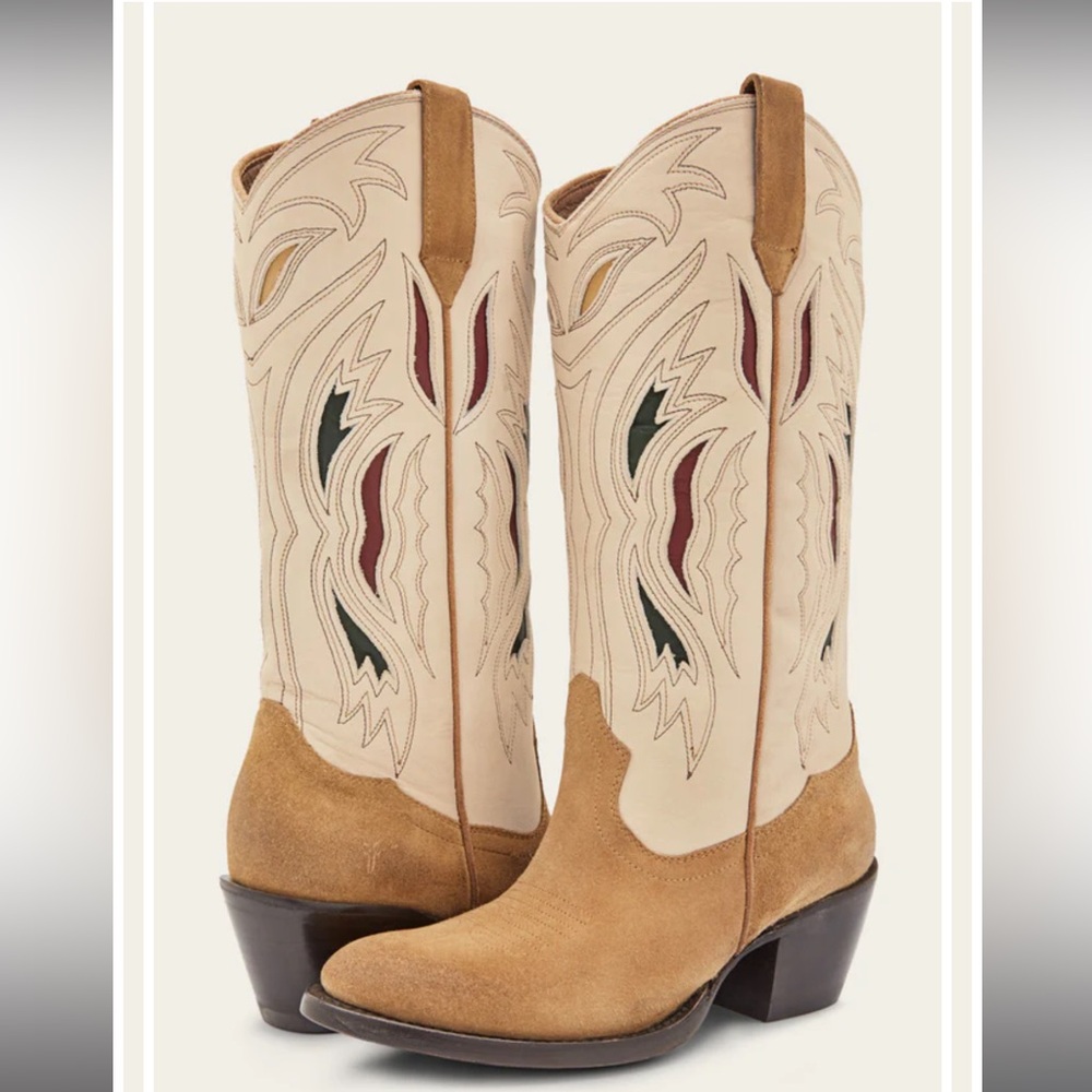 Frye Shelby Deco Stitch 10 B Tan and White Cowboy Boots